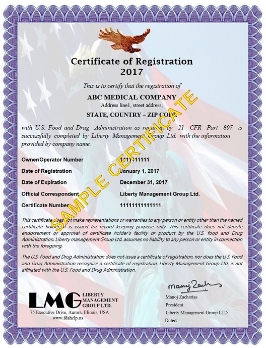 FDA Medical Device Certificate