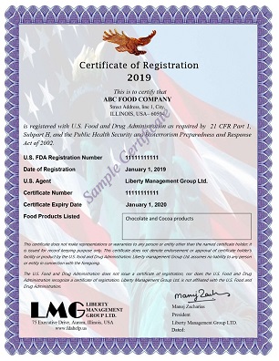 FDA Certificate - Chocolate Registration