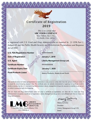 FDA Certificate - bakery products Registration