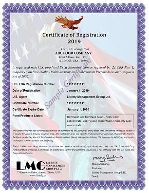 FDA Certificate - Juice Concentrate Registration