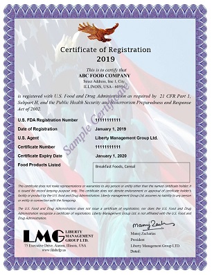 FDA Certificate - Cereal Breakfast Foods Registration