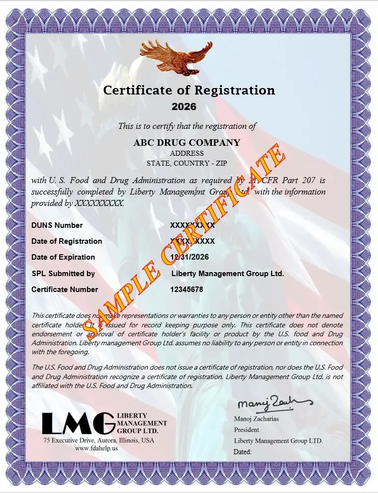 fda certificate drug registration