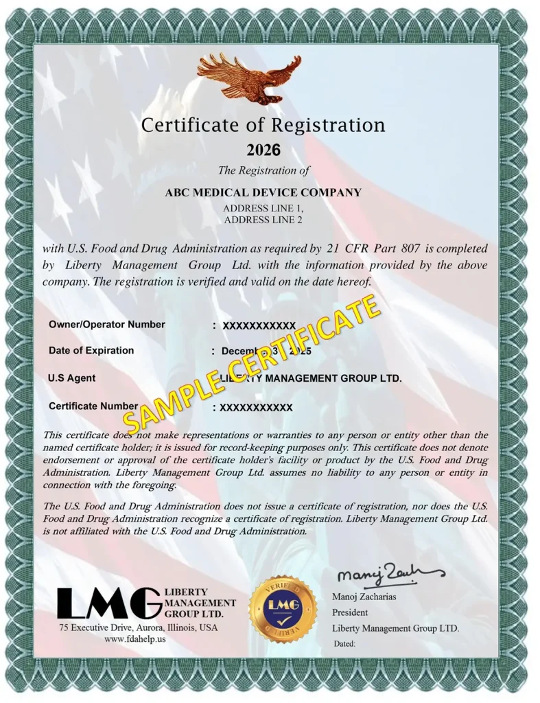 fda certificate medical device registration