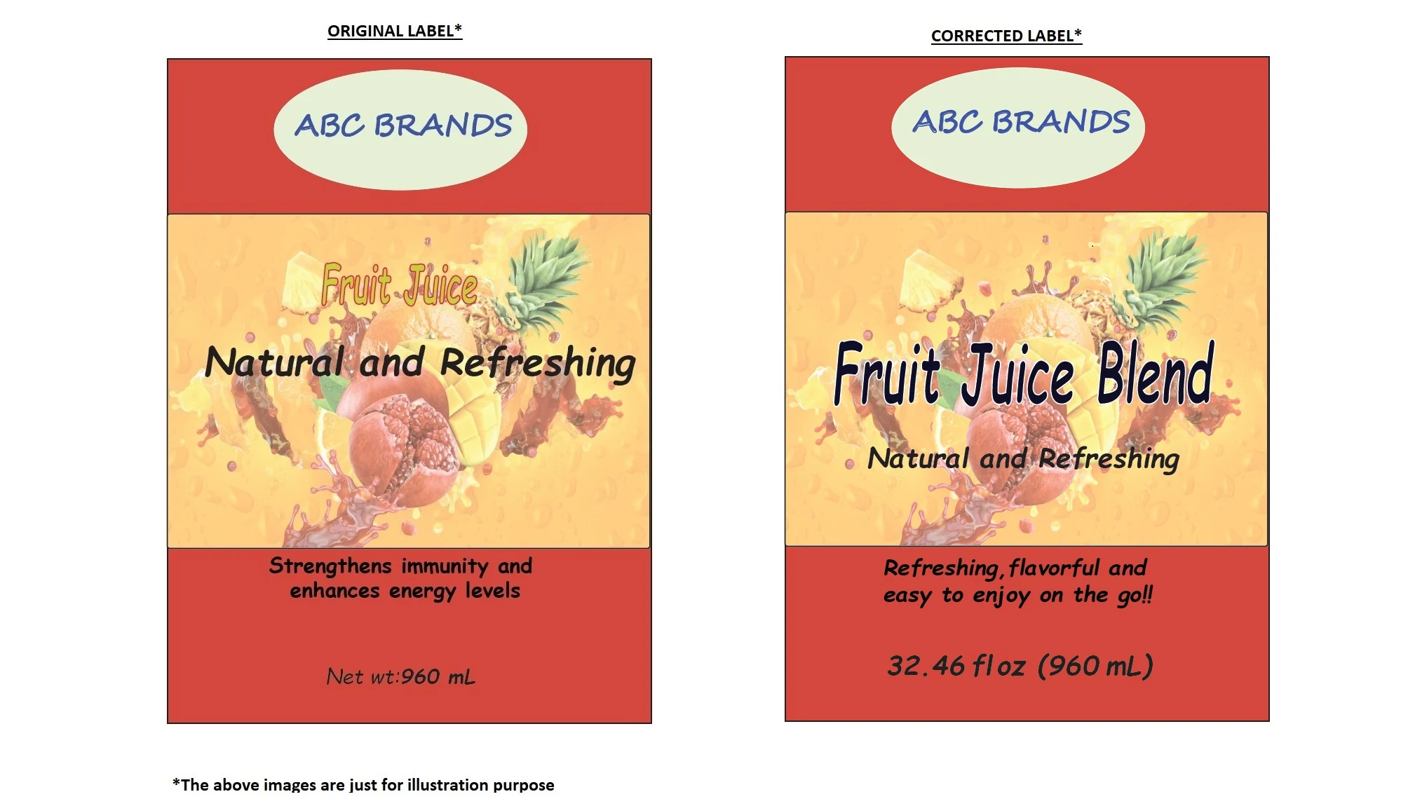 FDA food label review — non-compliant vs compliant label comparison under 21 CFR Part 101