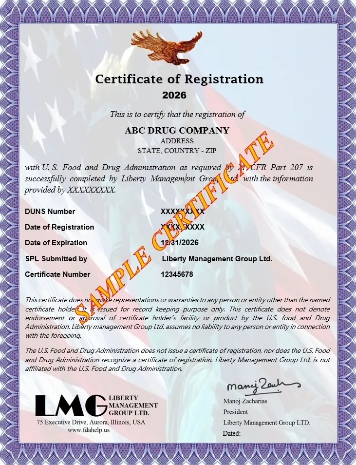 fda certificate drug registration